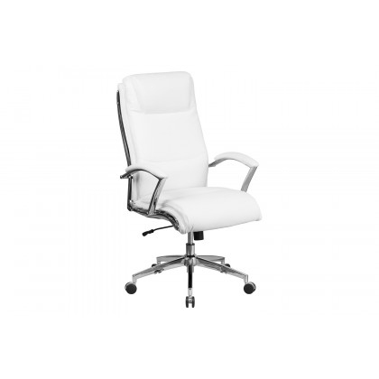 BLNK Rebecca LeatherSoft High-Back Designer Smooth Upholstered Executive Swivel Office Chair with Chrome Base and Arms - White