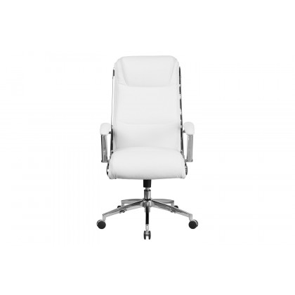 BLNK Rebecca LeatherSoft High-Back Designer Smooth Upholstered Executive Swivel Office Chair with Chrome Base and Arms - White
