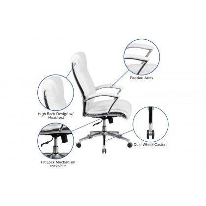 BLNK Rebecca LeatherSoft High-Back Designer Smooth Upholstered Executive Swivel Office Chair with Chrome Base and Arms - White