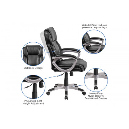 BLNK Carolyn LeatherSoft Mid-Back Executive Swivel Office Chair with Padded Arms - Black