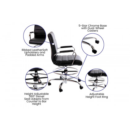 BLNK Whitney LeatherSoft Mid-Back Drafting Chair with Adjustable Foot Ring and Chrome Base - Black
