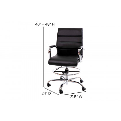 BLNK Whitney LeatherSoft Mid-Back Drafting Chair with Adjustable Foot Ring and Chrome Base - Black