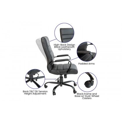 BLNK Whitney LeatherSoft High-Back Executive Swivel Office Chair with Black Frame and Arms - Black
