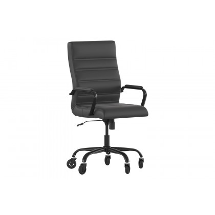 BLNK Whitney LeatherSoft High-Back Executive Swivel Office Chair with Black Frame, Arms, and Transparent Roller Wheels - Black