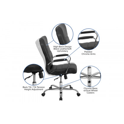 BLNK Whitney LeatherSoft High-Back Executive Swivel Office Chair with Chrome Frame and Arms - Black