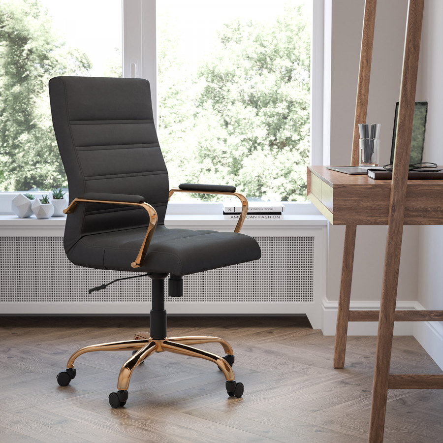 BLNK Whitney LeatherSoft High-Back Executive Swivel Office Chair with Gold Frame and Arms - Black