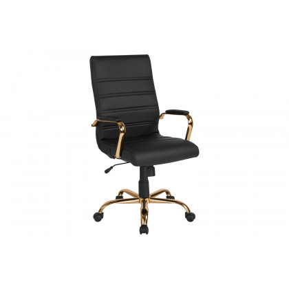 BLNK Whitney LeatherSoft High-Back Executive Swivel Office Chair with Gold Frame and Arms - Black