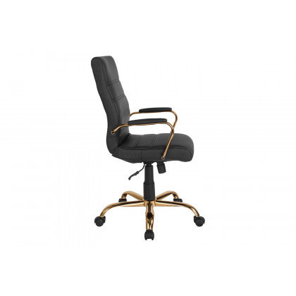 BLNK Whitney LeatherSoft High-Back Executive Swivel Office Chair with Gold Frame and Arms - Black