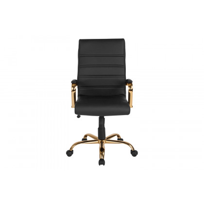 BLNK Whitney LeatherSoft High-Back Executive Swivel Office Chair with Gold Frame and Arms - Black