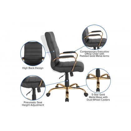 BLNK Whitney LeatherSoft High-Back Executive Swivel Office Chair with Gold Frame and Arms - Black