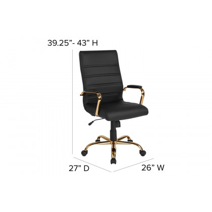 BLNK Whitney LeatherSoft High-Back Executive Swivel Office Chair with Gold Frame and Arms - Black