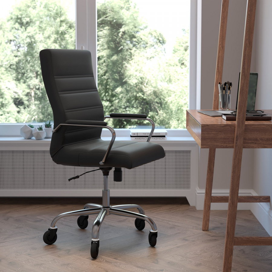 BLNK Whitney LeatherSoft High-Back Executive Swivel Office Chair with Chrome Frame, Arms, and Transparent Roller Wheels - Black