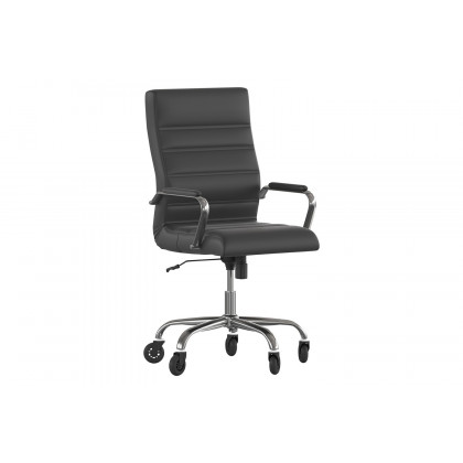 BLNK Whitney LeatherSoft High-Back Executive Swivel Office Chair with Chrome Frame, Arms, and Transparent Roller Wheels - Black