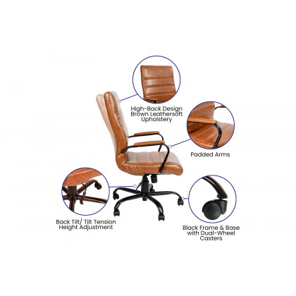 BLNK Whitney LeatherSoft High-Back Executive Swivel Office Chair with Black Frame and Arms - Brown