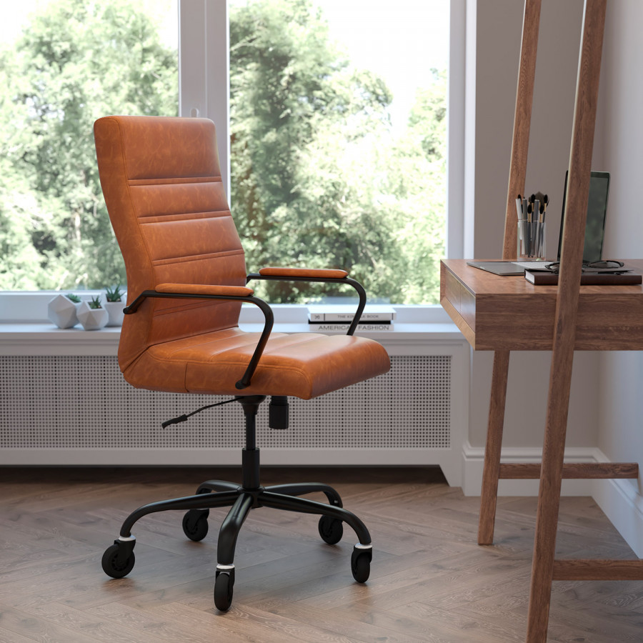 BLNK Whitney LeatherSoft High-Back Executive Swivel Office Chair with Black Frame, Arms, and Transparent Roller Wheels - Brown
