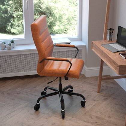 BLNK Whitney LeatherSoft High-Back Executive Swivel Office Chair with Black Frame, Arms, and Transparent Roller Wheels - Brown