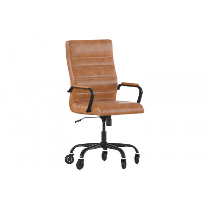 BLNK Whitney LeatherSoft High-Back Executive Swivel Office Chair with Black Frame, Arms, and Transparent Roller Wheels - Brown