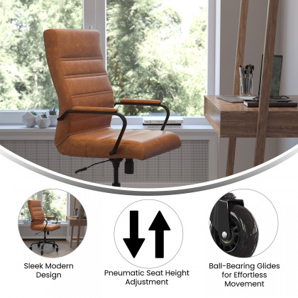 BLNK Whitney LeatherSoft High-Back Executive Swivel Office Chair with Black Frame, Arms, and Transparent Roller Wheels - Brown