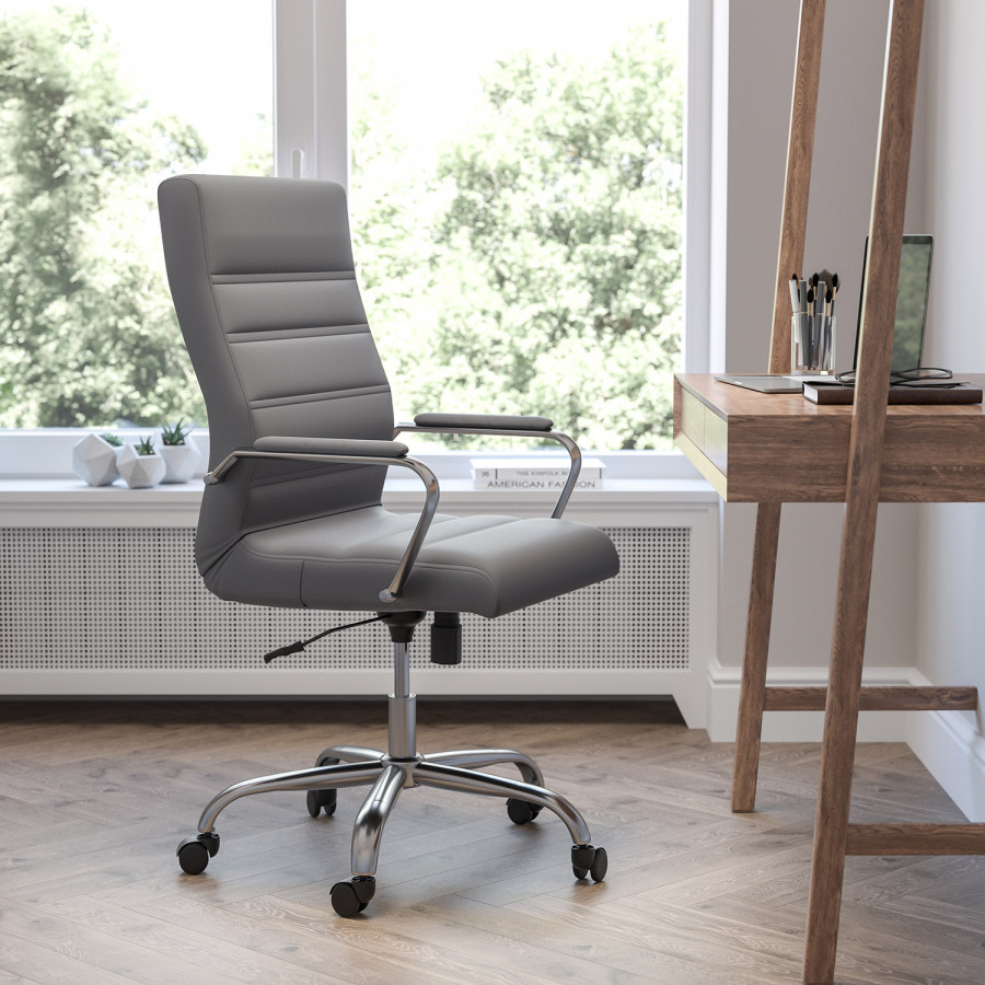 BLNK Whitney LeatherSoft High-Back Executive Swivel Office Chair with Chrome Frame and Arms - Gray