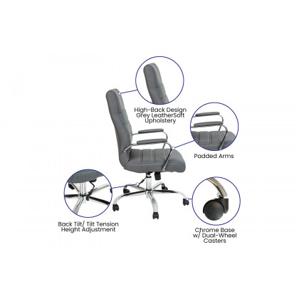 BLNK Whitney LeatherSoft High-Back Executive Swivel Office Chair with Chrome Frame and Arms - Gray