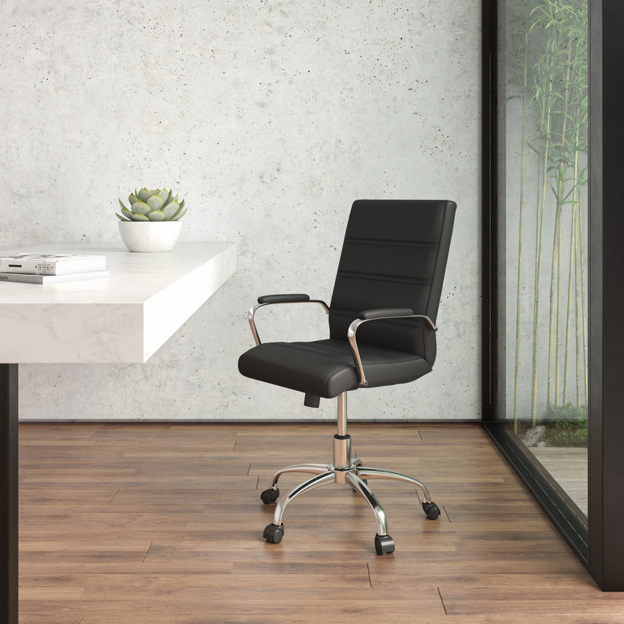 BLNK Whitney LeatherSoft Mid-Back Executive Swivel Office Chair with Chrome Frame and Arms - Black