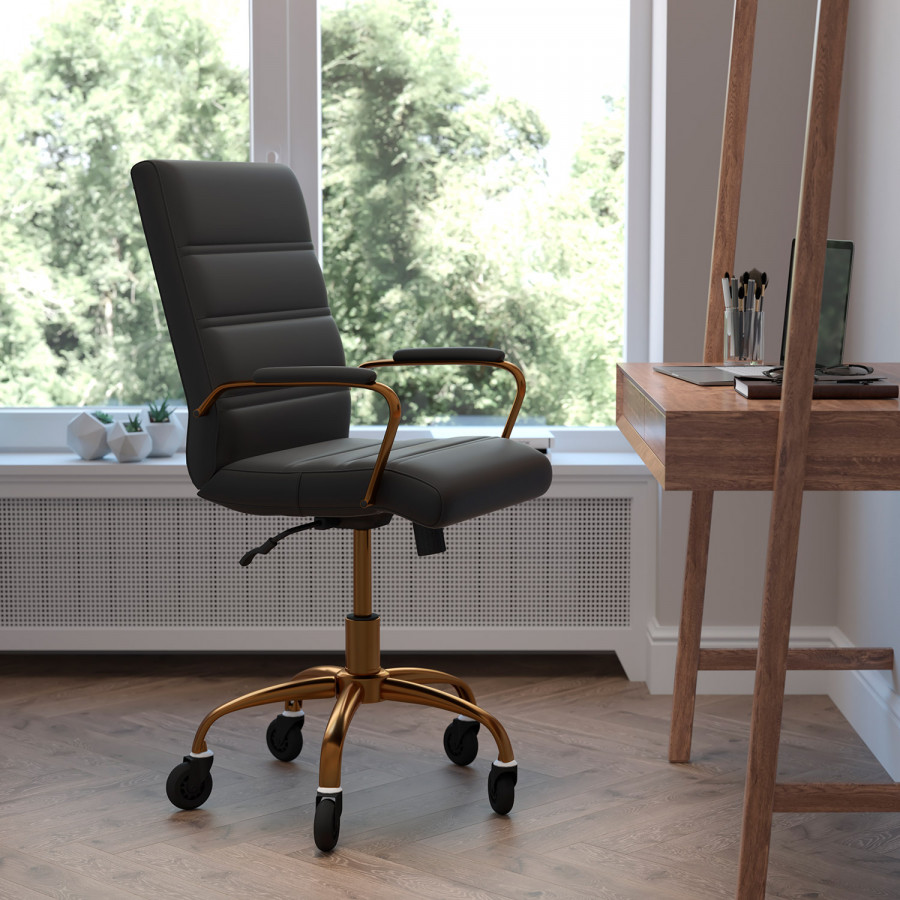BLNK - Camilia LeatherSoft Executive Swivel Office Chair with Gold Frame, Arms, and Transparent Roller Wheels