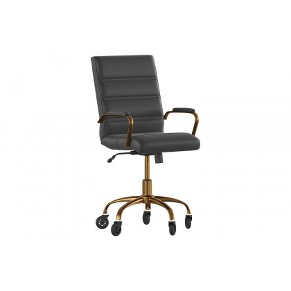 BLNK Camilia LeatherSoft Executive Swivel Office Chair with Gold Frame, Arms, and Transparent Roller Wheels - Black