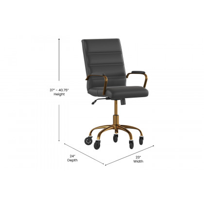BLNK Camilia LeatherSoft Executive Swivel Office Chair with Gold Frame, Arms, and Transparent Roller Wheels - Black