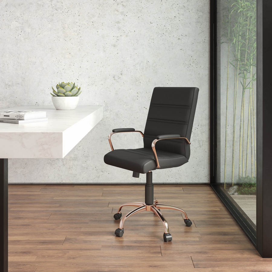 BLNK Whitney LeatherSoft Mid-Back Executive Swivel Office Chair with Rose Gold Frame and Arms - Black