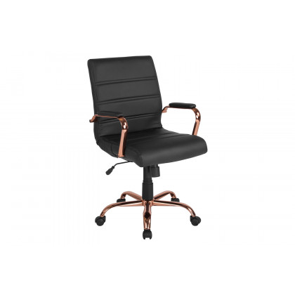 BLNK Whitney LeatherSoft Mid-Back Executive Swivel Office Chair with Rose Gold Frame and Arms - Black