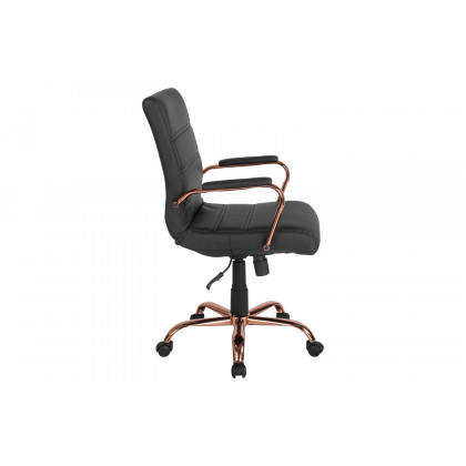 BLNK Whitney LeatherSoft Mid-Back Executive Swivel Office Chair with Rose Gold Frame and Arms - Black