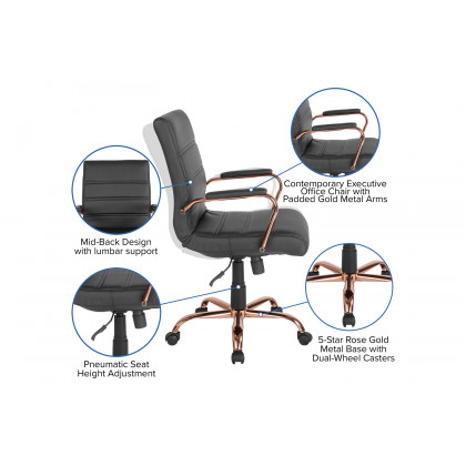 BLNK Whitney LeatherSoft Mid-Back Executive Swivel Office Chair with Rose Gold Frame and Arms - Black