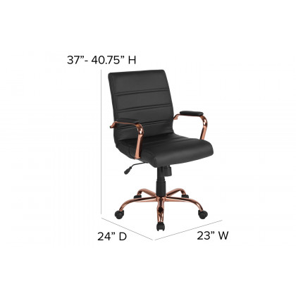 BLNK Whitney LeatherSoft Mid-Back Executive Swivel Office Chair with Rose Gold Frame and Arms - Black