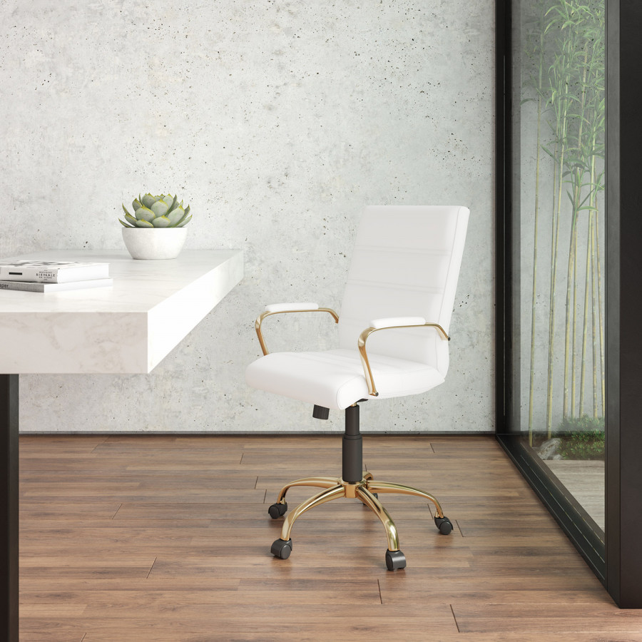 BLNK Whitney LeatherSoft Mid-Back Executive Swivel Office Chair with Gold Frame and Arms - White
