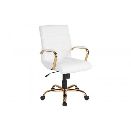 BLNK Whitney LeatherSoft Mid-Back Executive Swivel Office Chair with Gold Frame and Arms - White