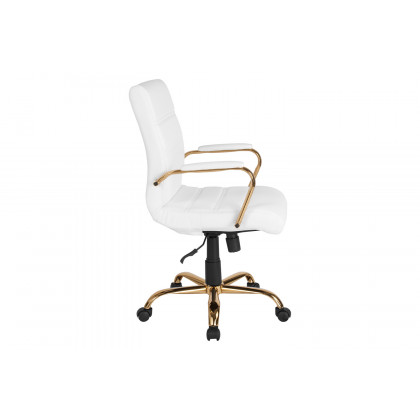 BLNK Whitney LeatherSoft Mid-Back Executive Swivel Office Chair with Gold Frame and Arms - White