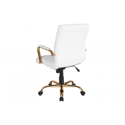 BLNK Whitney LeatherSoft Mid-Back Executive Swivel Office Chair with Gold Frame and Arms - White