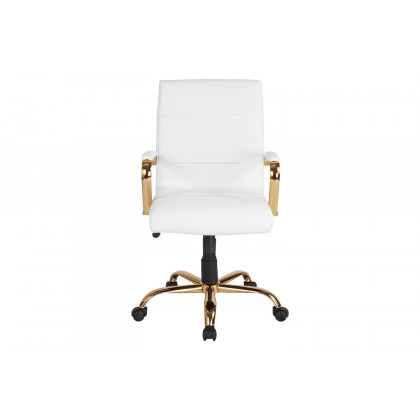 BLNK Whitney LeatherSoft Mid-Back Executive Swivel Office Chair with Gold Frame and Arms - White