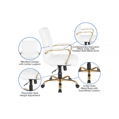 BLNK Whitney LeatherSoft Mid-Back Executive Swivel Office Chair with Gold Frame and Arms - White