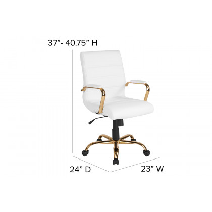 BLNK Whitney LeatherSoft Mid-Back Executive Swivel Office Chair with Gold Frame and Arms - White