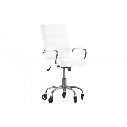BLNK Camilia LeatherSoft Executive Swivel Office Chair with Chrome Frame, Arms, and Transparent Roller Wheels - White