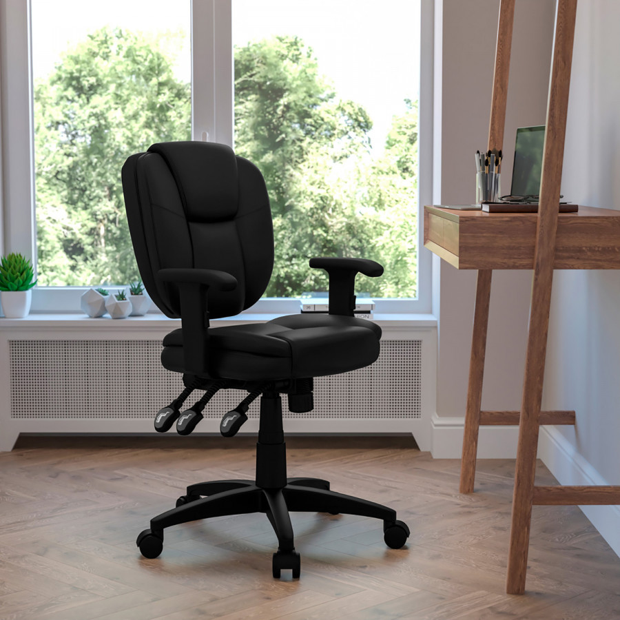 BLNK Caroline LeatherSoft Multifunction Swivel Ergonomic Task Office Chair with Pillow Top Cushioning - Black, with Arms