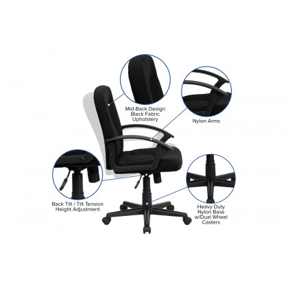 BLNK Garver Fabric Mid-Back Executive Swivel Office Chair with Nylon Arms - Black