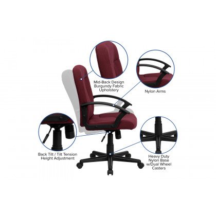 BLNK Garver Fabric Mid-Back Executive Swivel Office Chair with Nylon Arms - Burgundy