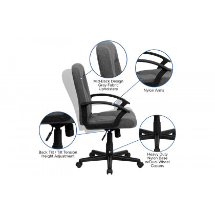 BLNK Garver Fabric Mid-Back Executive Swivel Office Chair with Nylon Arms - Gray