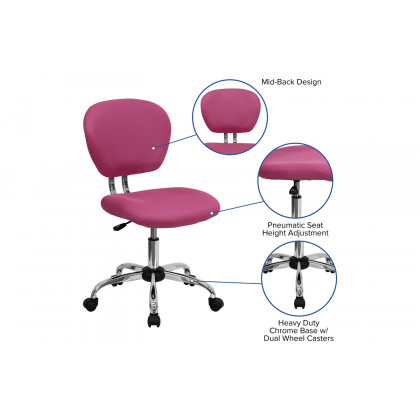 BLNK Beverly Mid-Back Mesh Padded Swivel Task Office Chair with Chrome Base - Pink