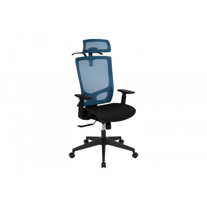 BLNK Layla Ergonomic Mesh Office Chair with Synchro-Tilt, Pivot Adjustable Headrest, Lumbar Support, Coat Hanger and Adjustable Arms - Blue/Black