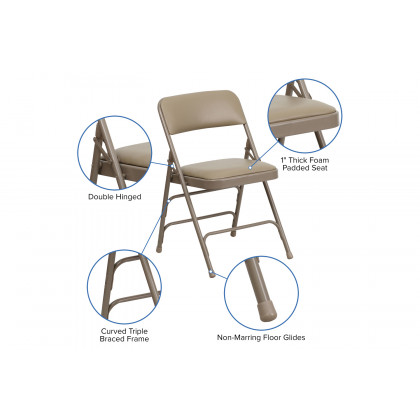 BLNK HERCULES Series Vinyl Curved Triple Braced and Double Hinged Metal Folding Chair - Beige
