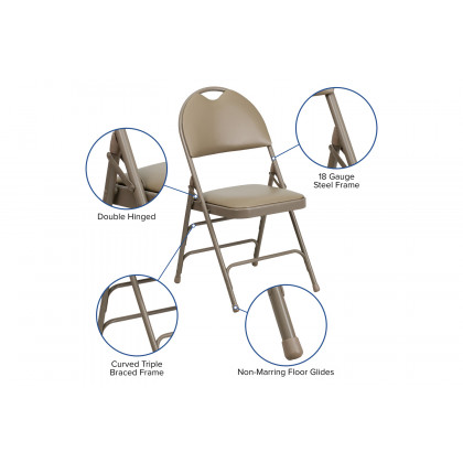 BLNK HERCULES Series Vinyl Ultra-Premium Triple Braced Metal Folding Chair with Easy-Carry Handle - Beige