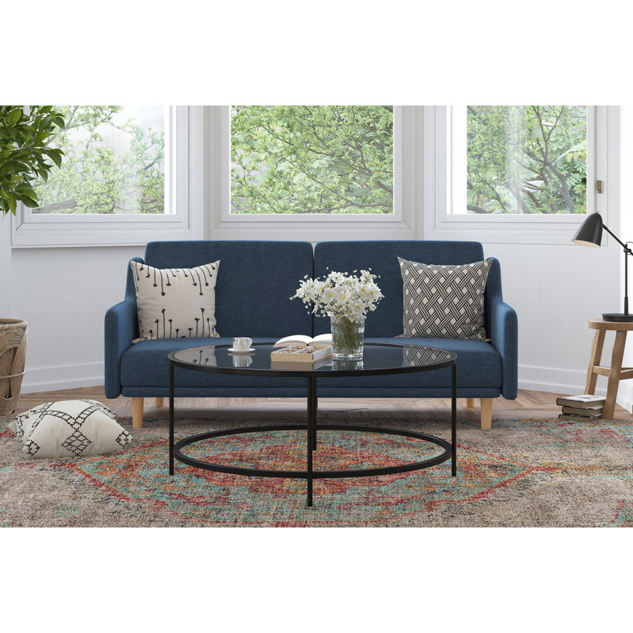 BLNK Delphine Faux Linen Premium Convertible Split Back Sofa Futon with Curved Armrests and Solid Wood Legs - Navy